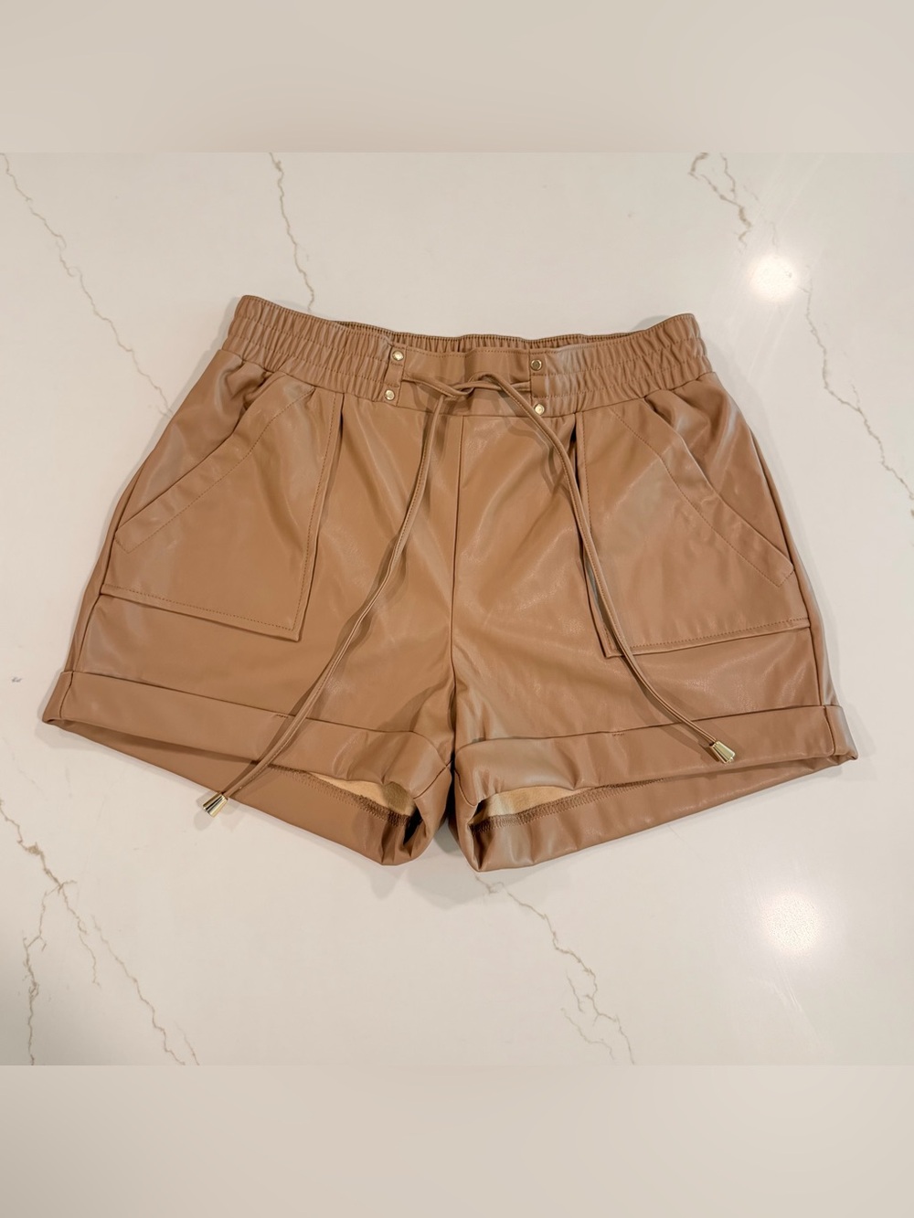 High-Waist Faux Leather Drawstring Shorts -‎ Tan